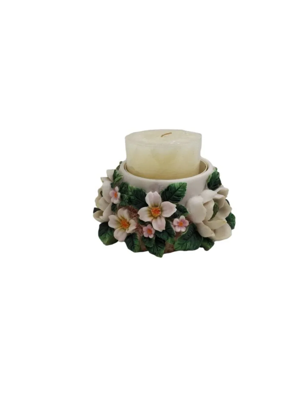 vintage 1990s beautiful resin floral candle holder with candle 5.5
